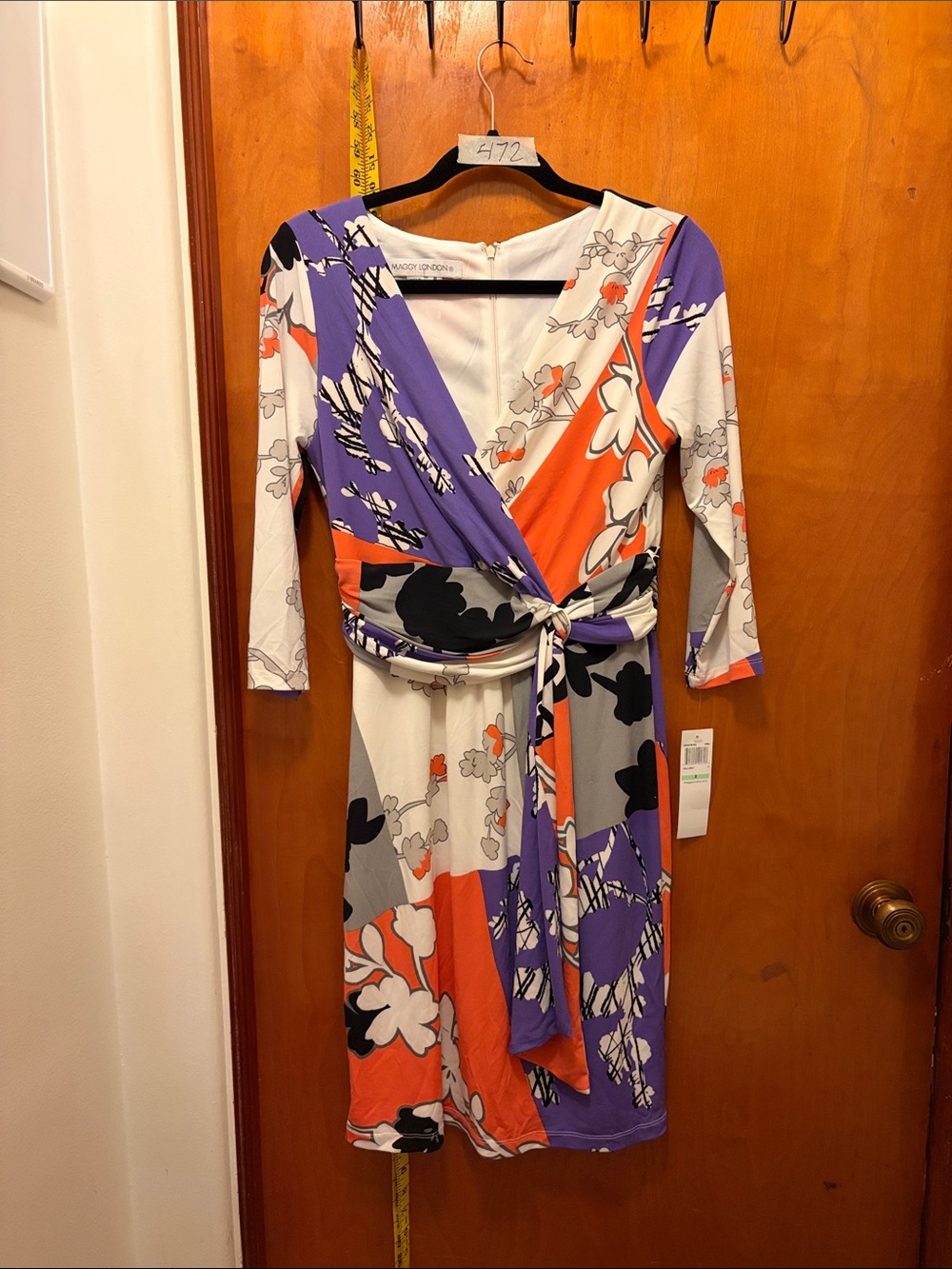 Maggy London Purple, Orange & White Floral Wrap Midi Dress with Black Accents